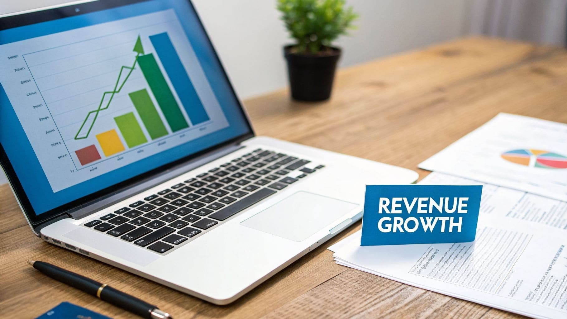 Laptop displays revenue growth chart alongside REVENUE GROWTH sign, documents, and pen on wooden desk