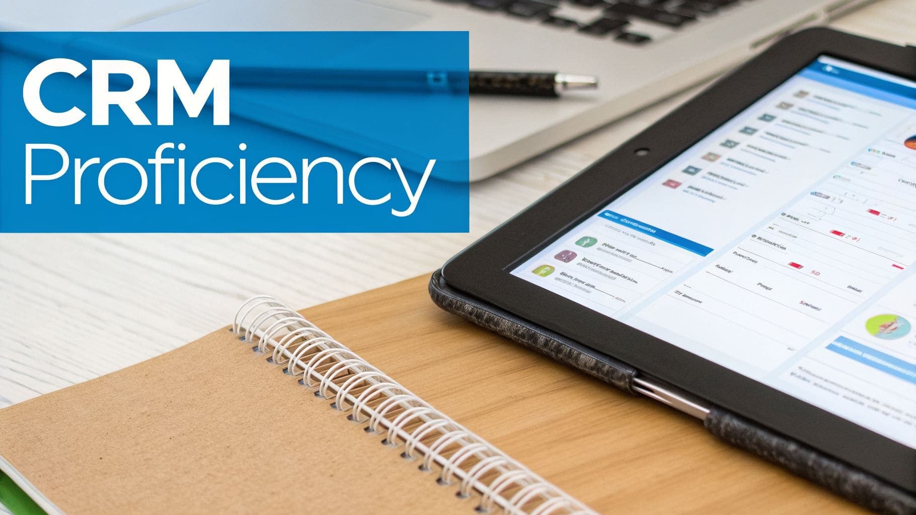 Blue banner with CRM Proficiency text displayed over tablet showing CRM dashboard and office supplies