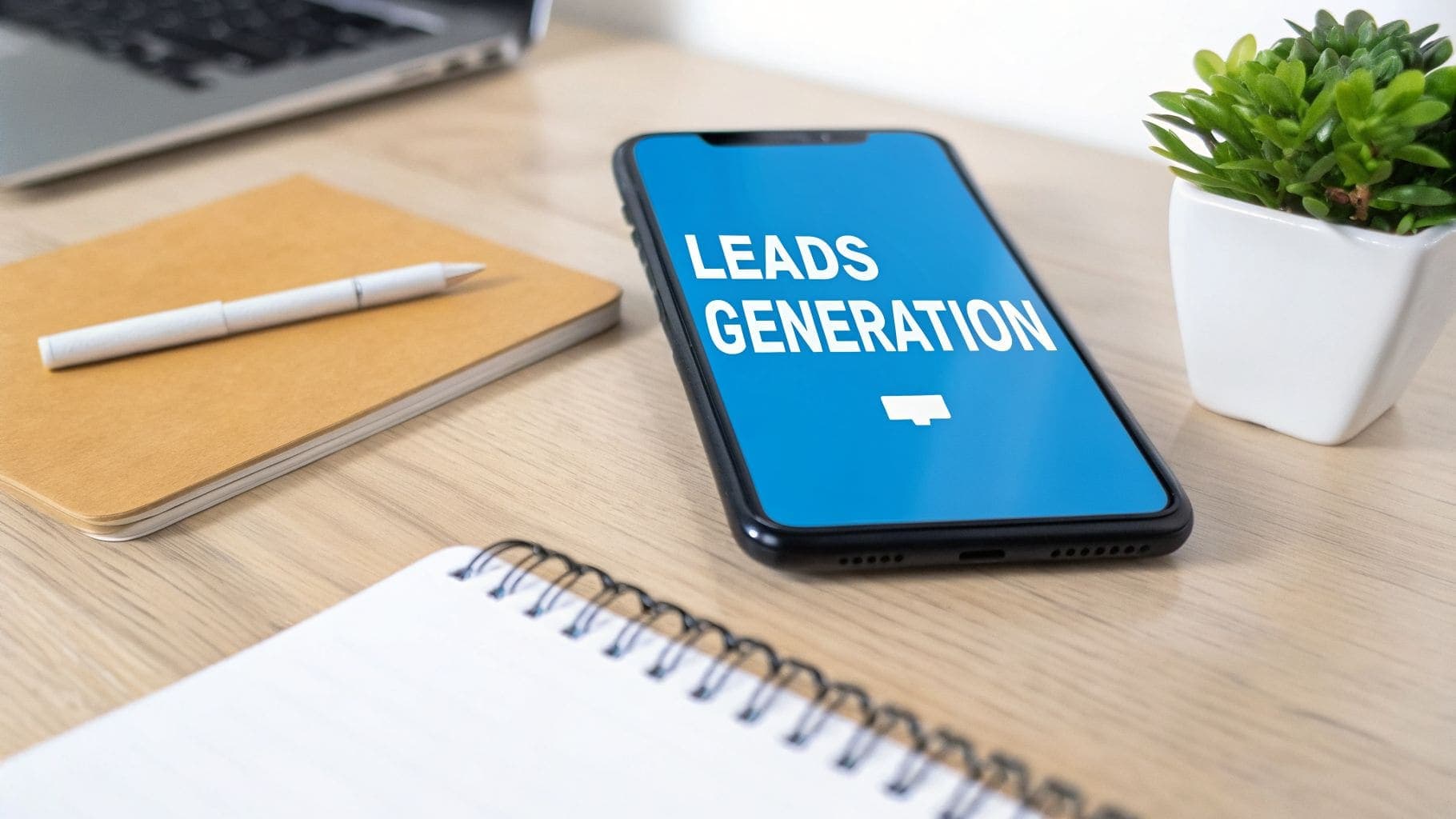 Smartphone displaying LEADS GENERATION on desk with notebook, pen, laptop, and plant