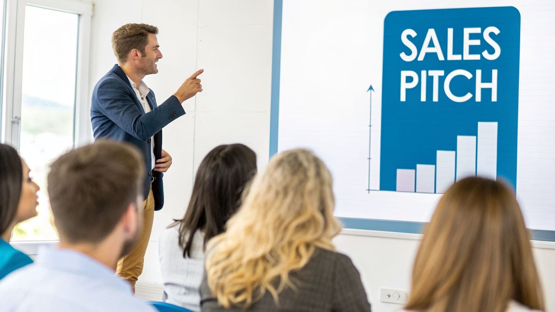 Man in suit gives sales pitch presentation to audience showing bar chart on screen