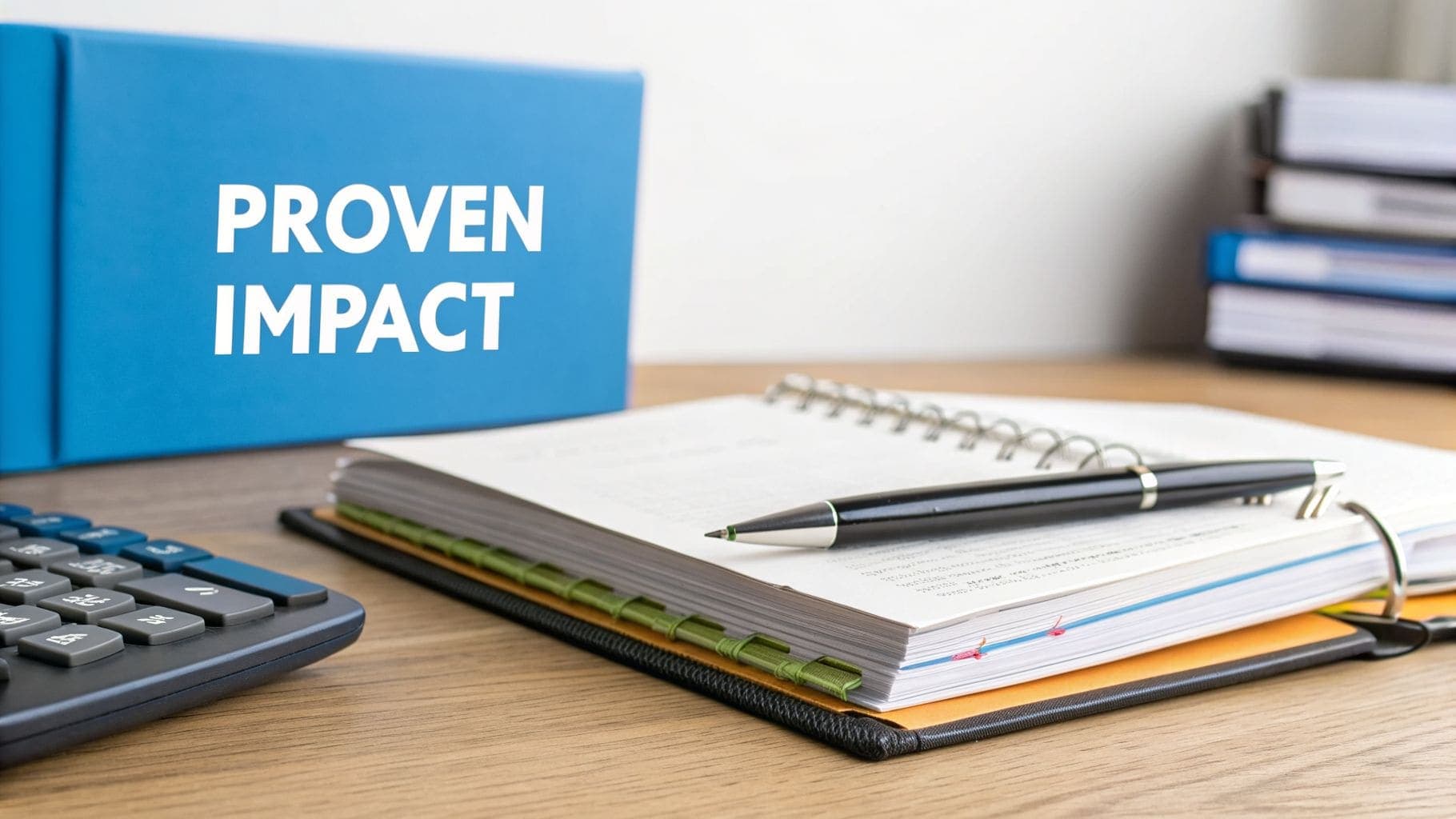 Blue binder displaying PROVEN IMPACT text next to calculator, pen, and notebook on wooden desk