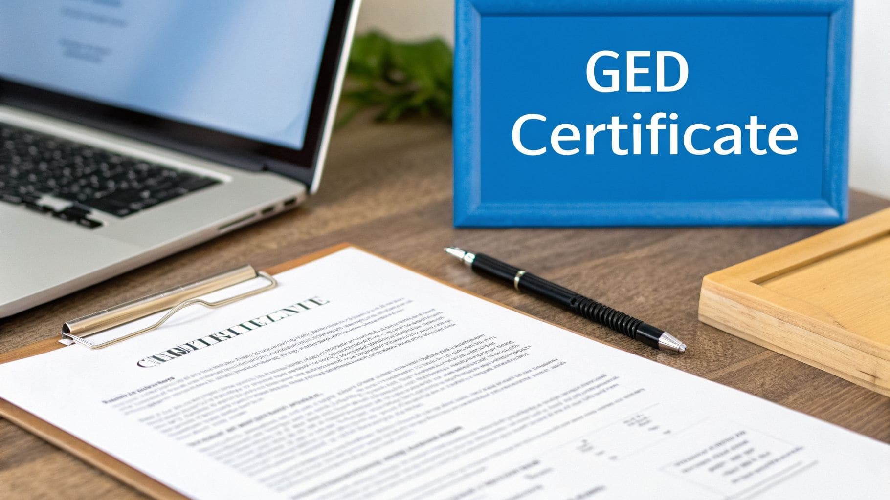 Desk setup with laptop, document on clipboard, pen, and blue sign displaying GED Certificate