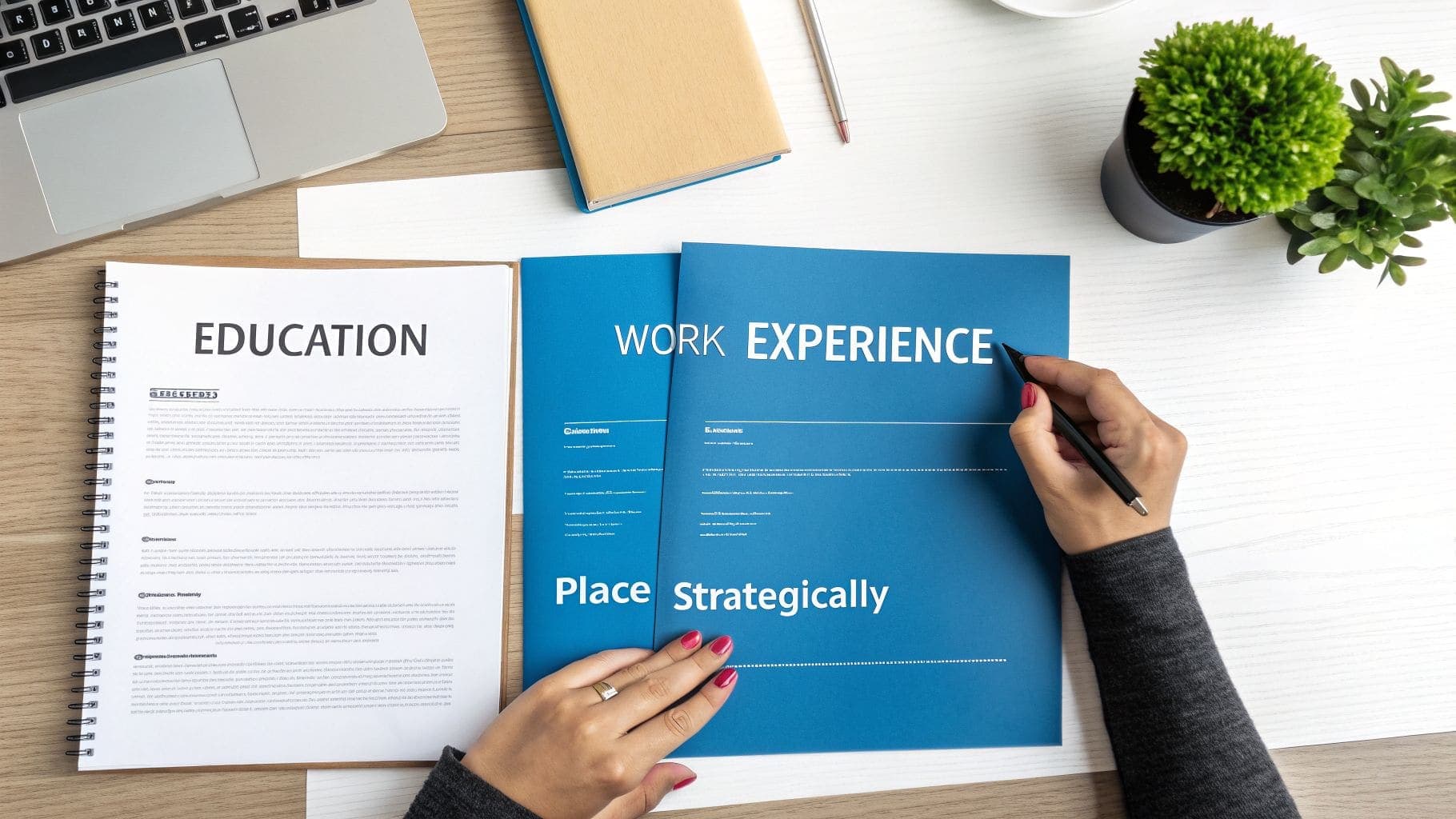 Overhead view of person reviewing resume sections for education and work experience on professional desk