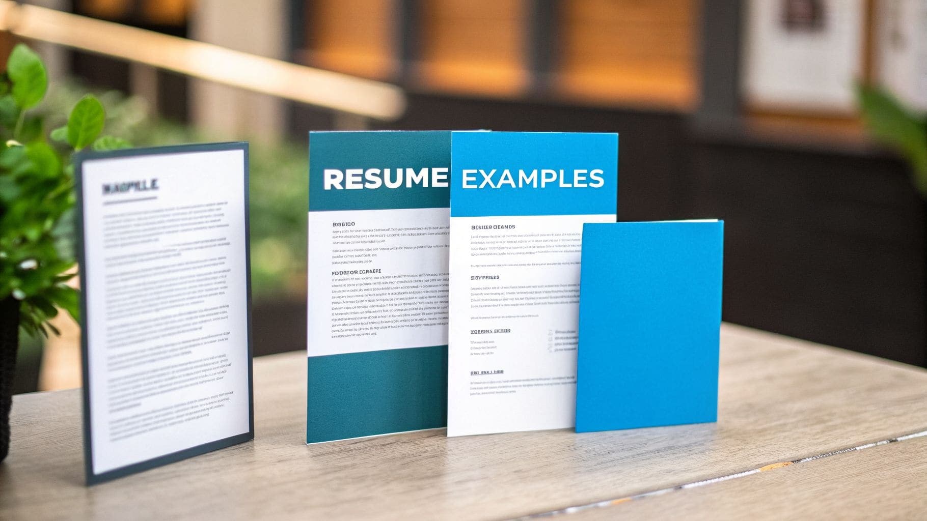 Several blue and white resume examples and documents displayed on wooden table