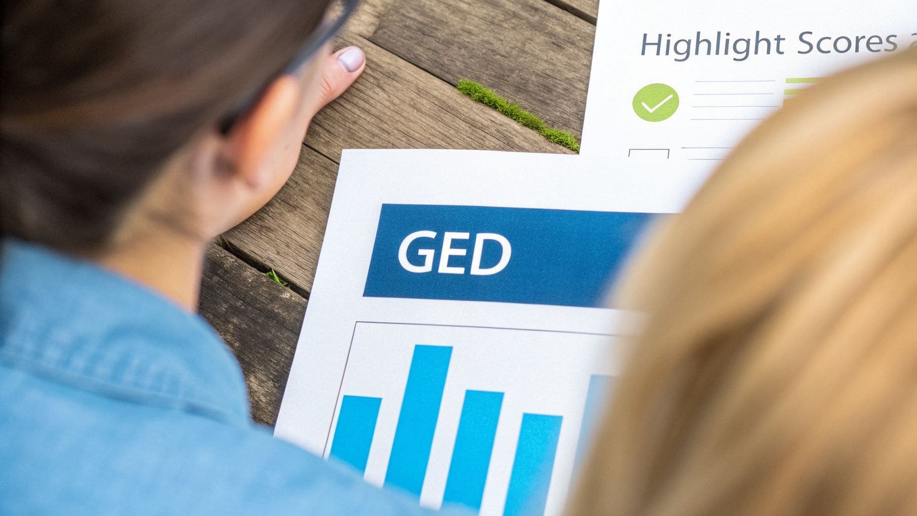 Two people review GED scores and highlight scores documents with charts on wooden table