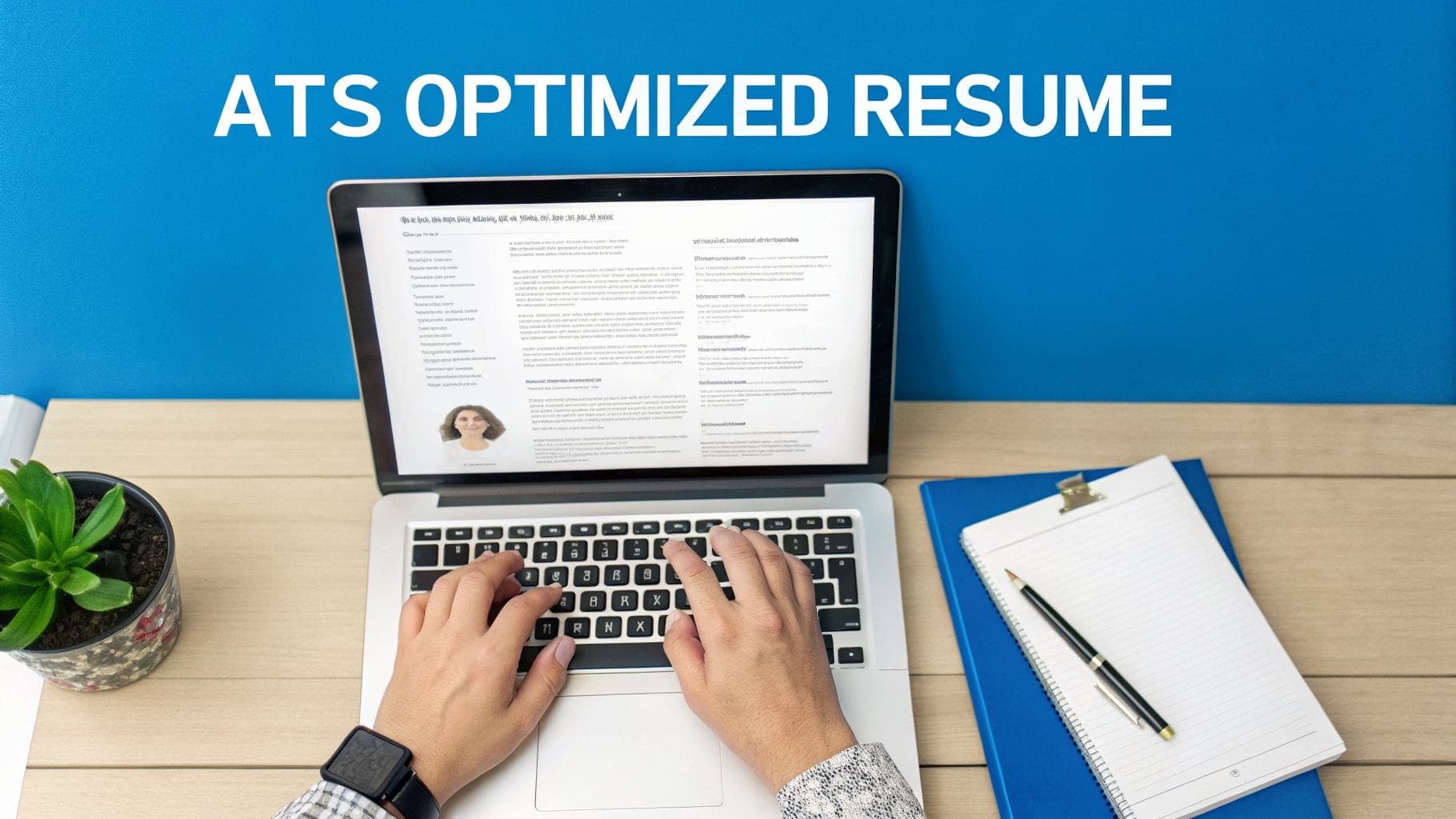 Person typing on laptop displaying ATS optimized resume with profile picture