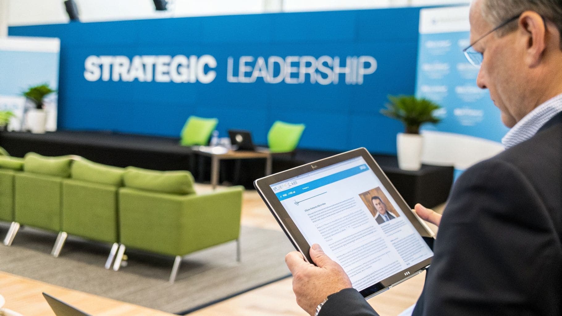 Man in suit reads on tablet at Strategic Leadership event with green couches and plants