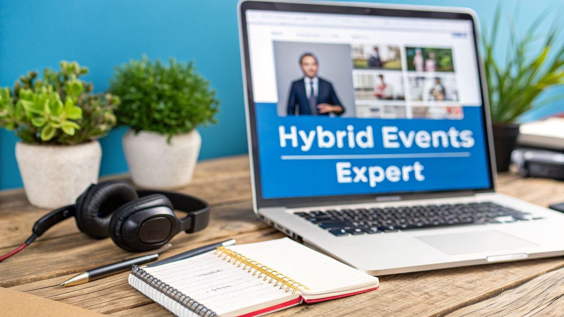 Laptop on wooden desk displays Hybrid Events Expert with headphones, notebook, and plants