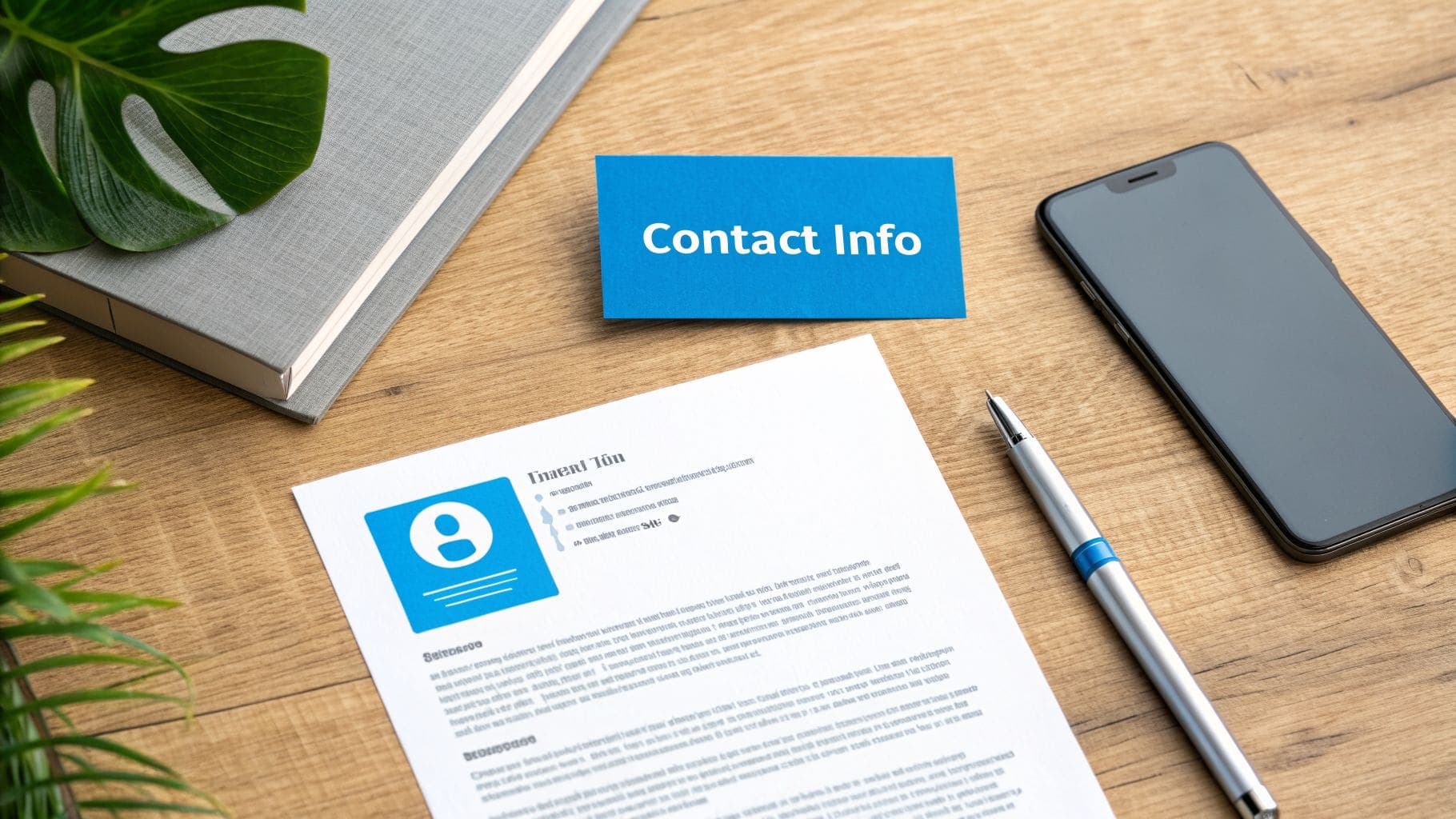Flat lay of resume, contact info card, phone, and pen on wooden desk