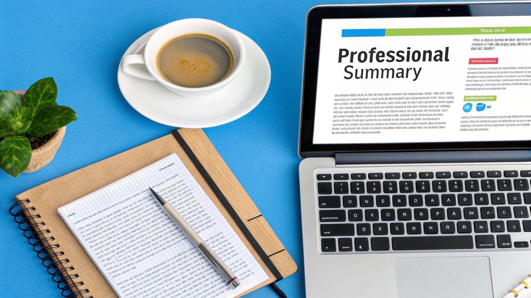 Flat lay of professional workspace with laptop displaying resume, coffee, notebook, and plant