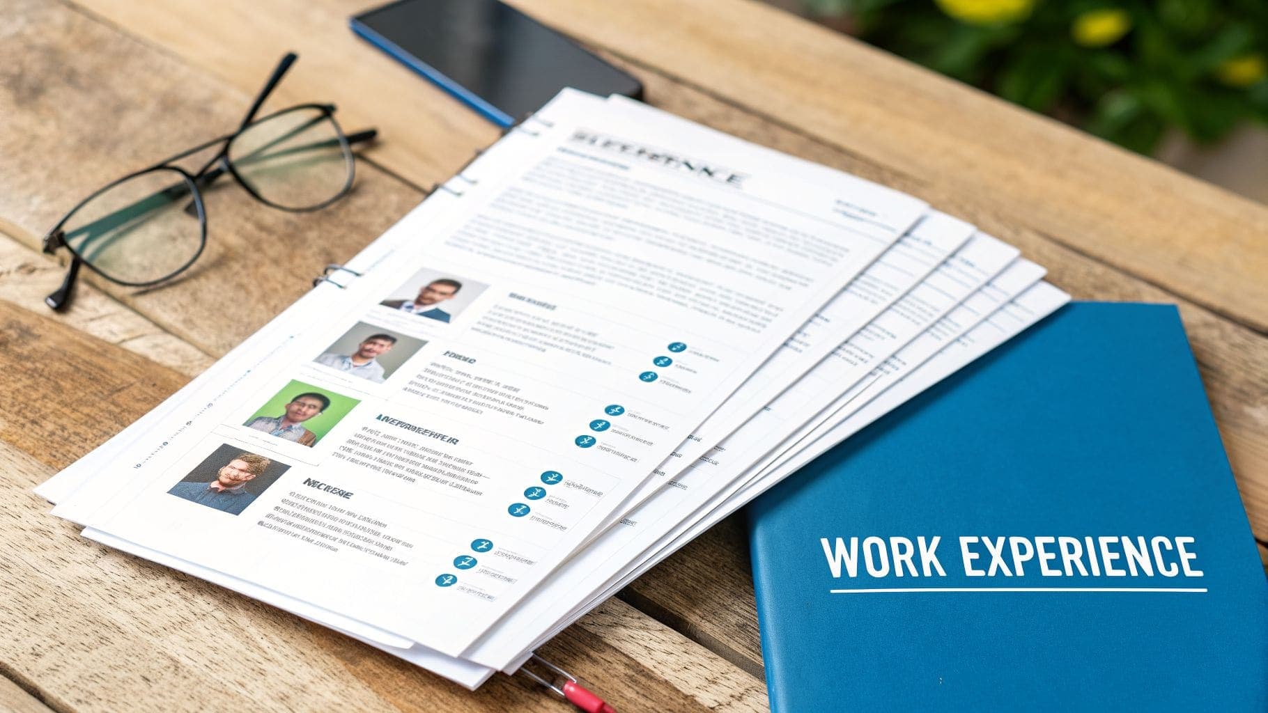 Stack of professional resumes with profile photos, WORK EXPERIENCE folder, glasses, and phone on wooden table