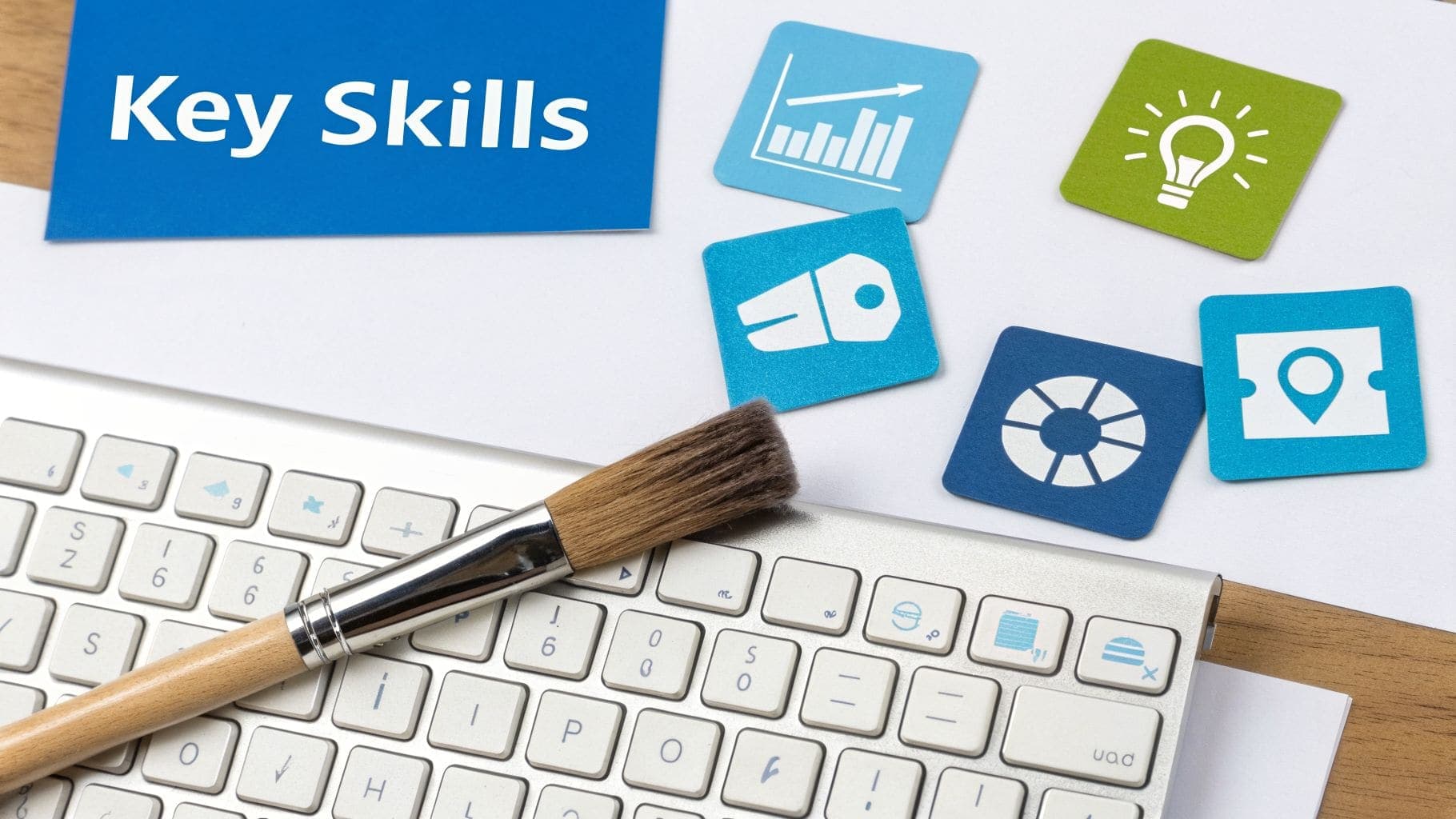 Blue card with Key Skills text, surrounded by icons for analytics, creativity, marketing, and location, with keyboard and paintbrush