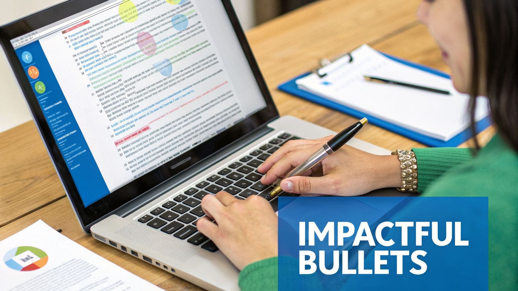 Person writing impactful resume bullet points with sticky notes for brainstorming on desk