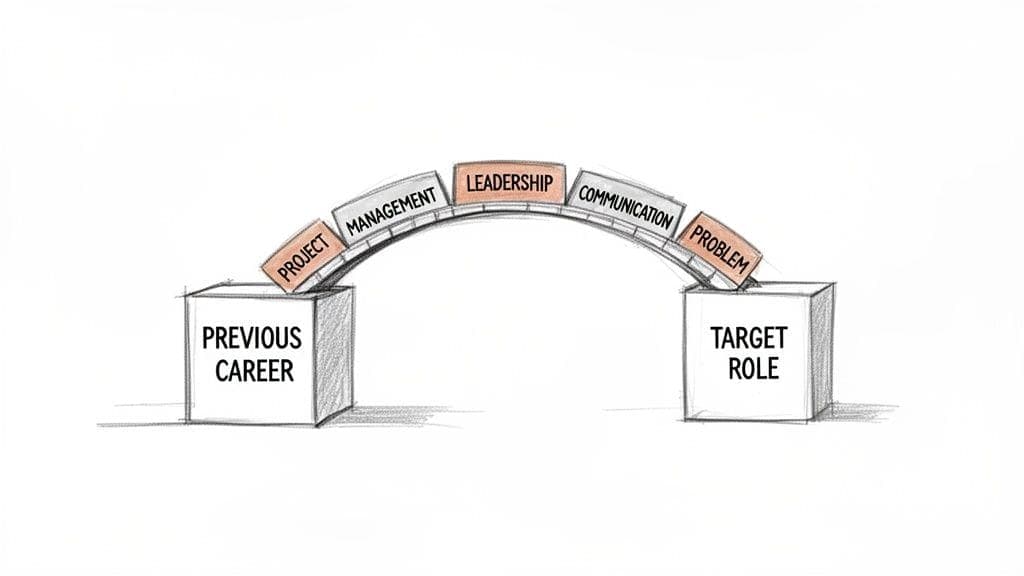 Diagram showing transferable skills like project management, leadership, and communication bridging previous career to target role