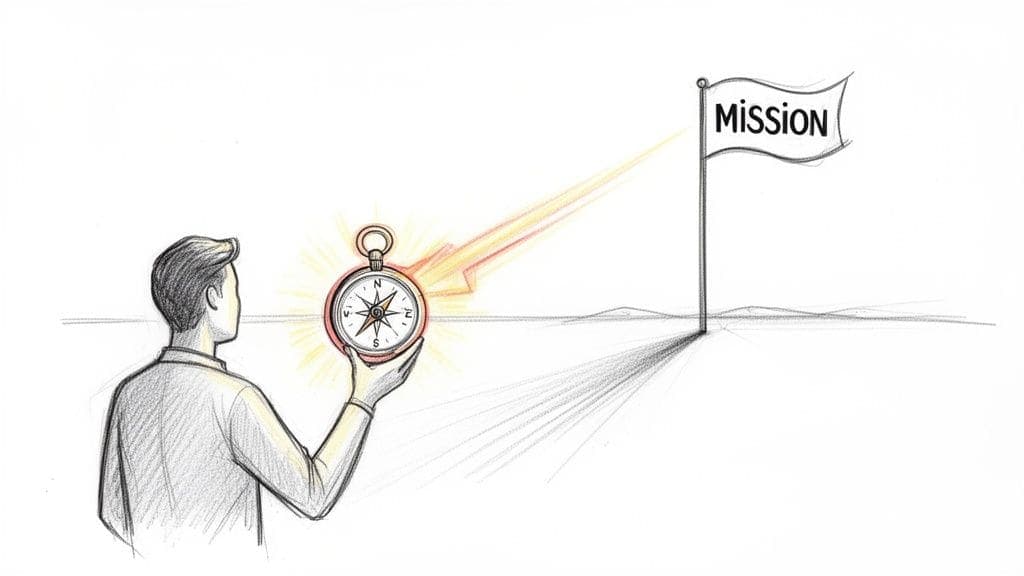 Person holds glowing compass with light pointing towards flag labeled Mission in distance