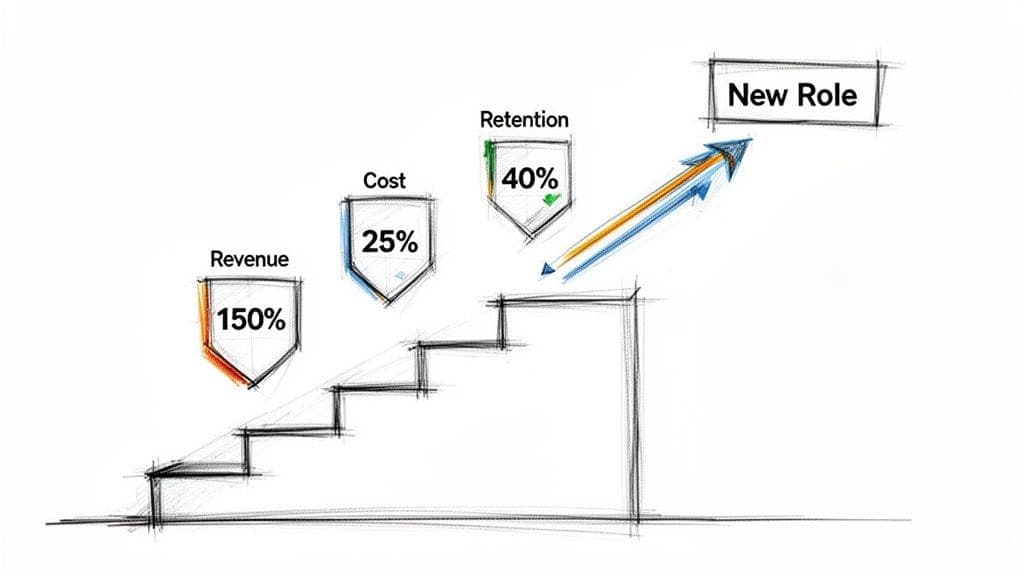 Chart illustrating career progression and achievement of new role through revenue, cost, and retention metrics