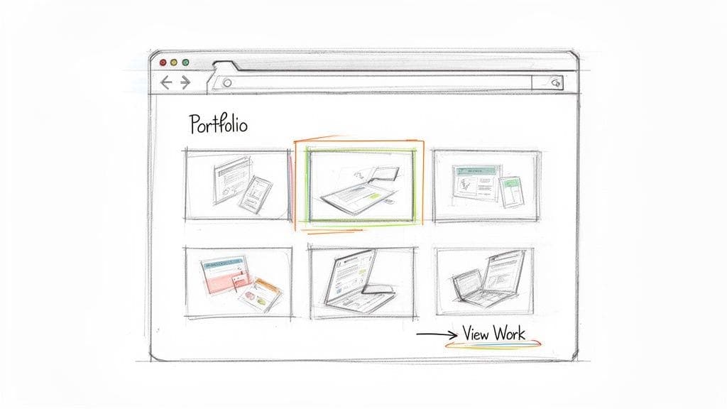 Hand-drawn sketch of web browser showing portfolio page with various design project thumbnails, one highlighted