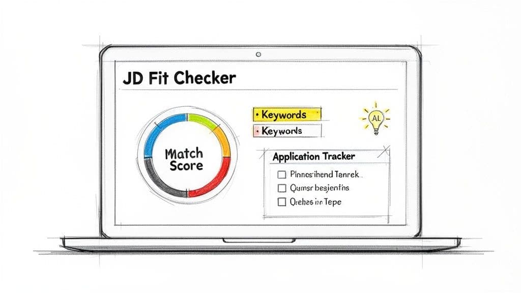 Sketch of laptop displaying JD Fit Checker app with colorful match score, keyword fields, and application tracker
