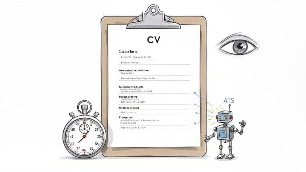 Illustration showing CV being screened by eye and ATS robot with stopwatch