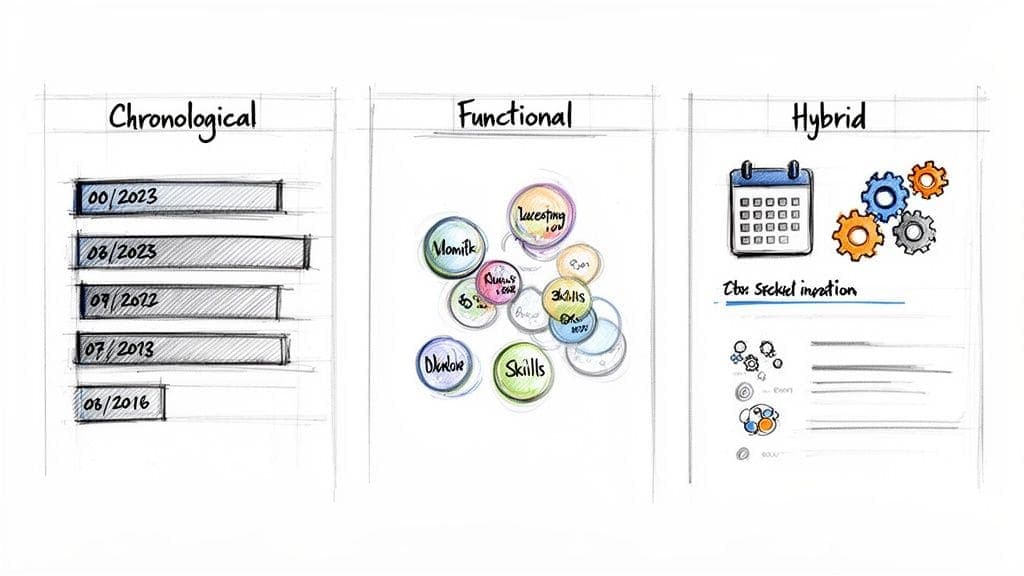 Sketch illustrating three resume formats: Chronological, Functional skills, and Hybrid combination