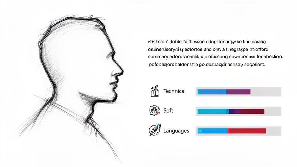 Minimalist sketch of person's head in profile next to resume section with skill bars for Technical, Soft, and Languages