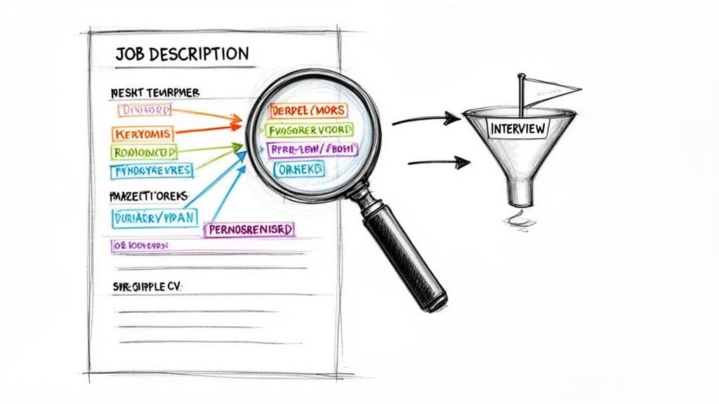 Sketch illustrating job description document being filtered by magnifying glass leading to interview funnel
