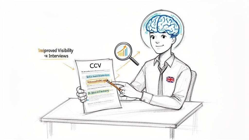 Cartoon man with glowing brain analyzes CV document for improved visibility and interviews