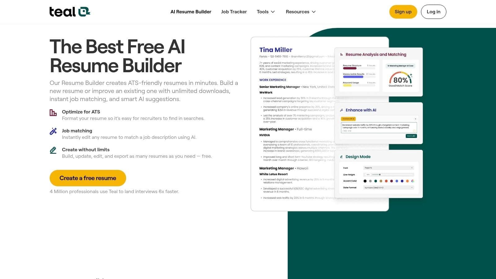 User interface screenshot of Teal Resume Builder, an AI CV maker free tool, showing CV being edited with AI suggestions