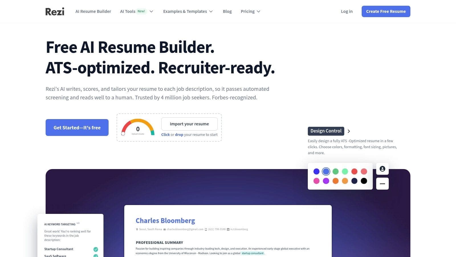 Interface screenshot of Rezi AI CV maker free tool, showing CV being edited alongside ATS score and keyword suggestions