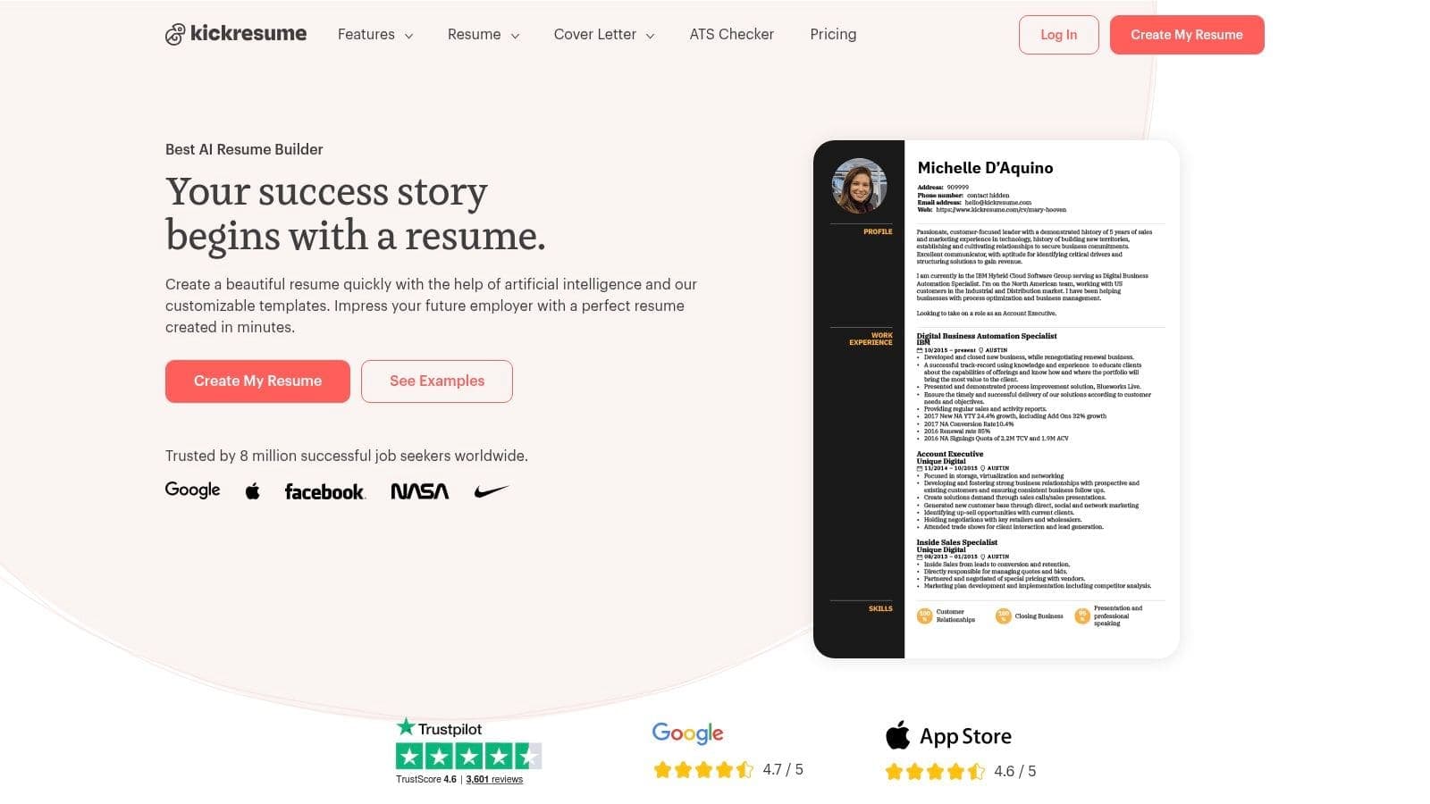 Screenshot of Kickresume user interface, an AI CV maker free tool, showing professional CV template being populated with content