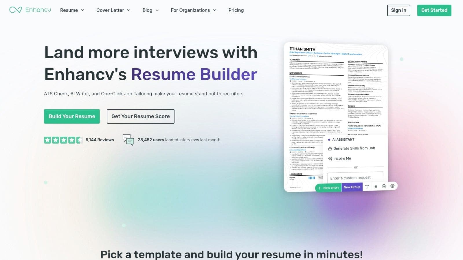 Screenshot of Enhancv user interface showing AI CV maker free tool with design templates and editing canvas