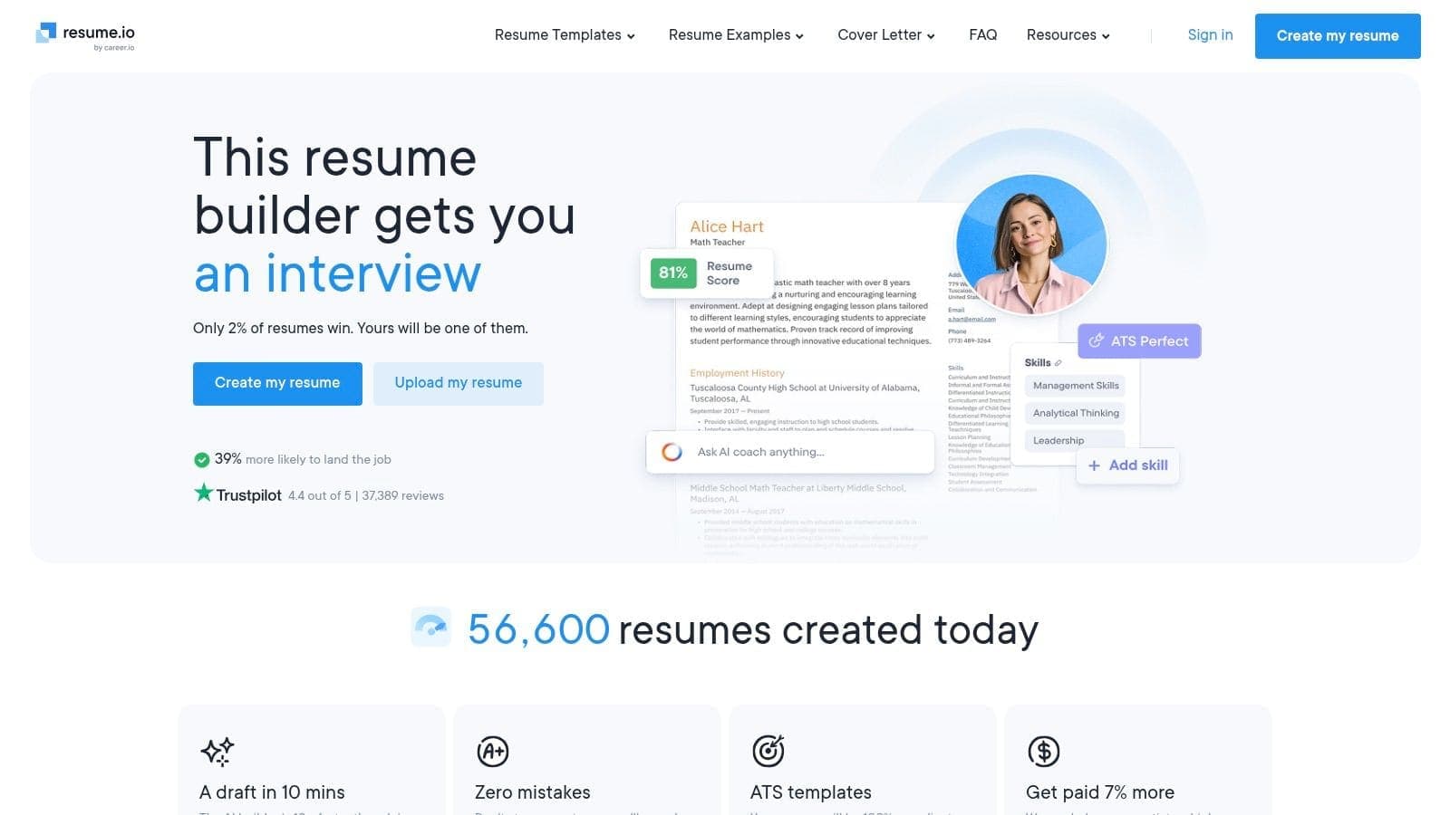 Screenshot of Resume.io interface, an AI CV maker free tool, showing professional CV template being edited