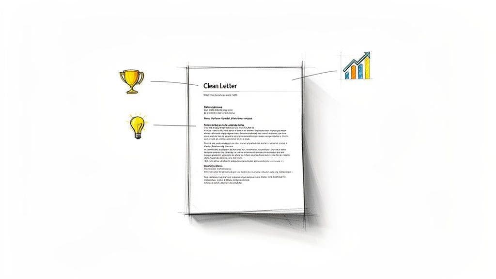 Conceptual drawing of Clean Letter document surrounded by symbols of achievement, ideas, and growth