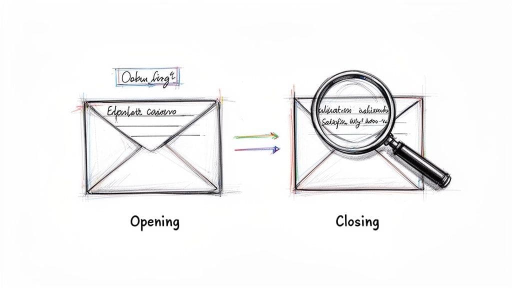 Drawing of envelope opening with text transitioning to closed envelope examined by magnifying glass