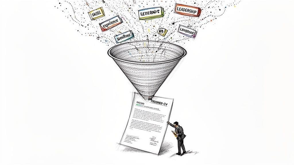 Illustration of skills, experience, and leadership funneling into polished CV held by man