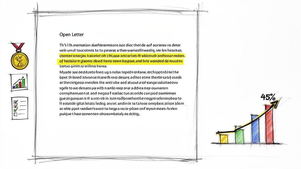 Sketched Open Letter document with charts, medal, and 45% growth graph illustrating business concepts