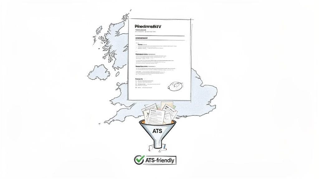 CV going into ATS funnel over UK map emphasizing ATS-friendly documents