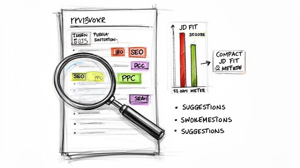 Hand-drawn sketch of document with SEO/PPC keywords, magnifying glass, and JD Fit bar chart