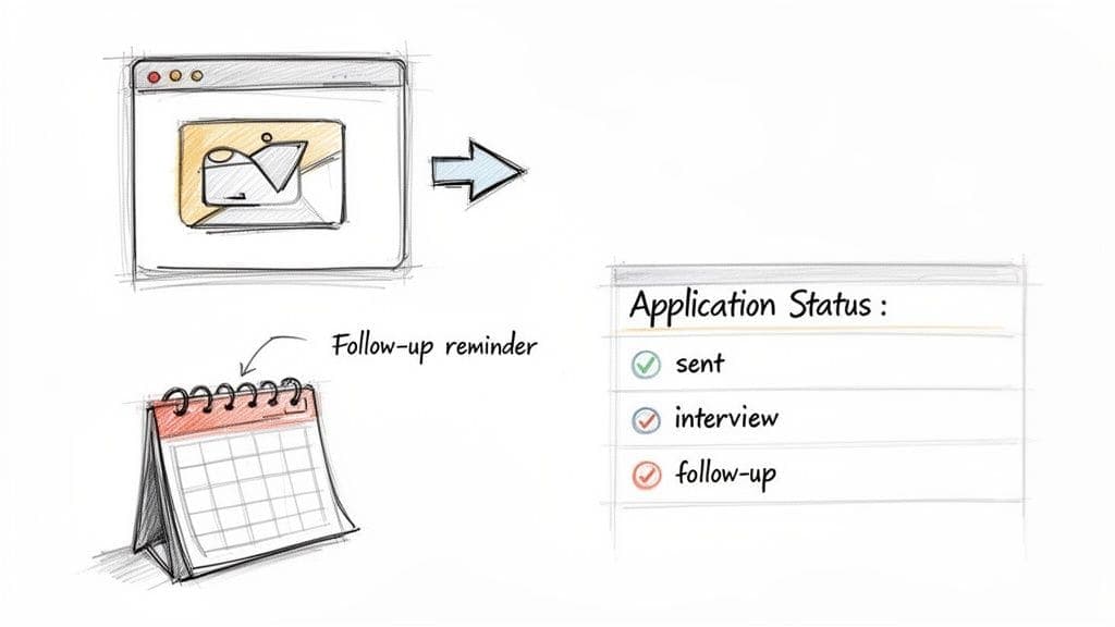 Sketch illustrates managing job applications with email, calendar reminders, and application status tracking