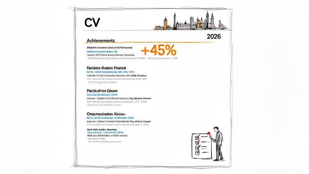 CV document highlighting achievements with cityscape and checklist