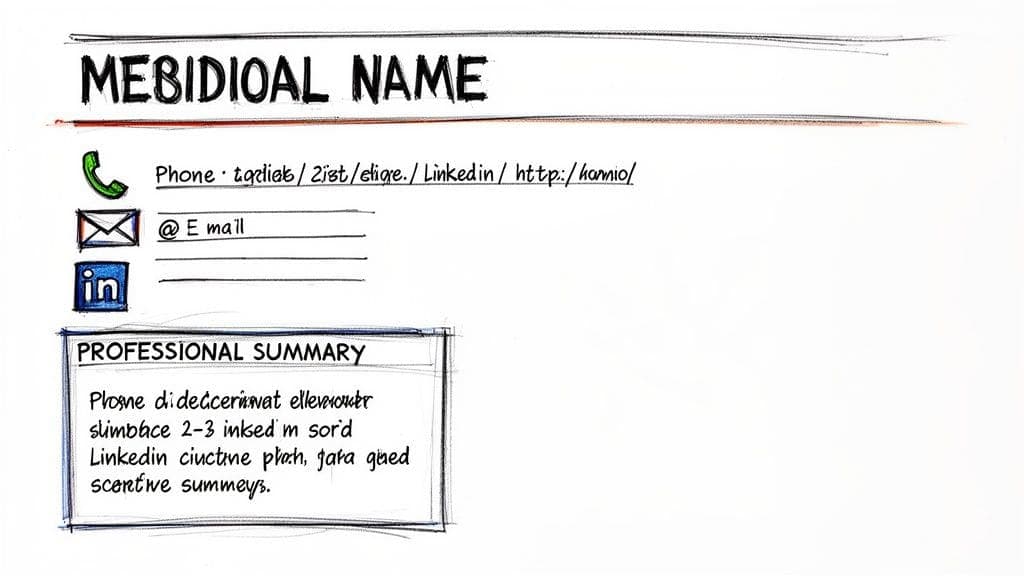 Resume template with sections for name, contact information, and professional summary