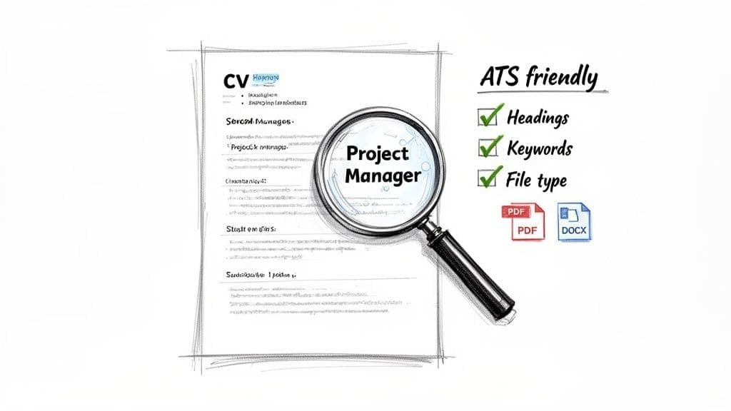 Resume with magnifying glass highlighting Project Manager and ATS friendly features