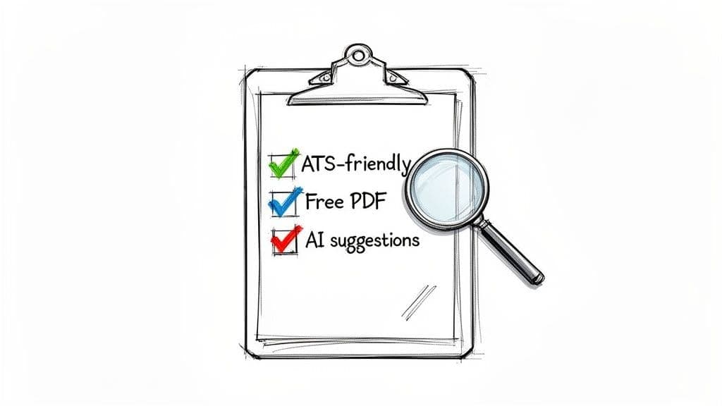 Clipboard with checklist for ATS-friendly, Free PDF, and AI suggestions next to magnifying glass