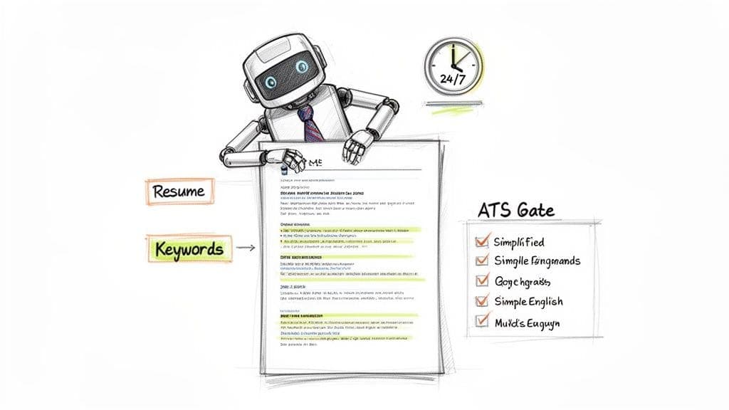 AI robot reviews resume highlighting keywords for ATS gate showing simplified accessible processing