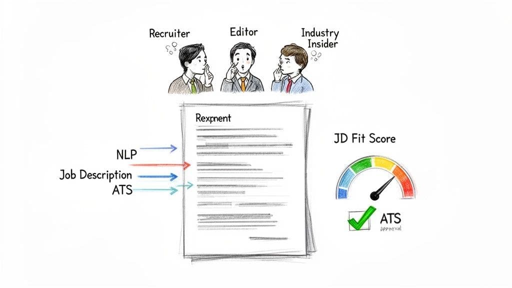 AI-powered resume optimization process showing NLP, Job Description, and ATS inputs generating JD Fit Score and ATS approval