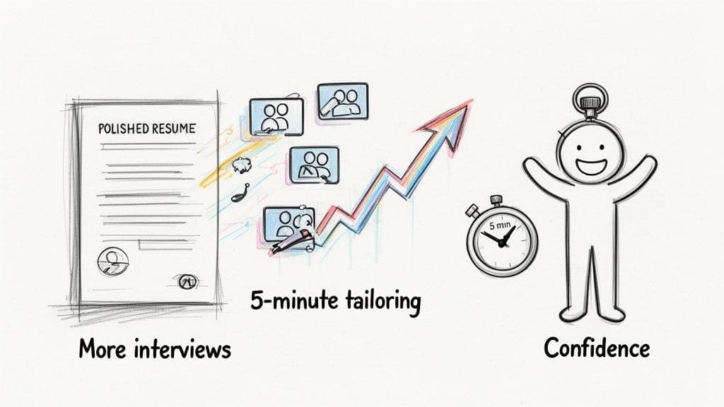 Cartoon illustrating polished resume and quick tailoring leading to more interviews and confidence