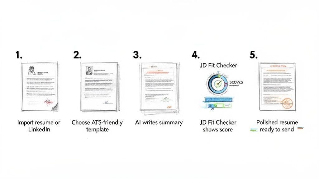 Five-step process showing how AI resume builder works from importing data to polished resume