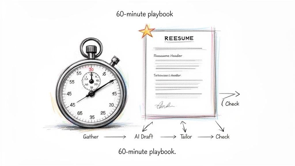 Stopwatch and resume document illustrating a 60-minute playbook for creating a resume