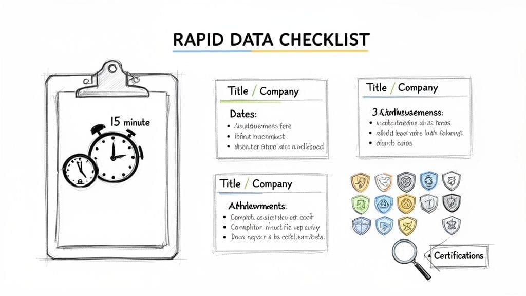 Rapid data checklist illustration with 15-minute timer, resume sections, and certification badges