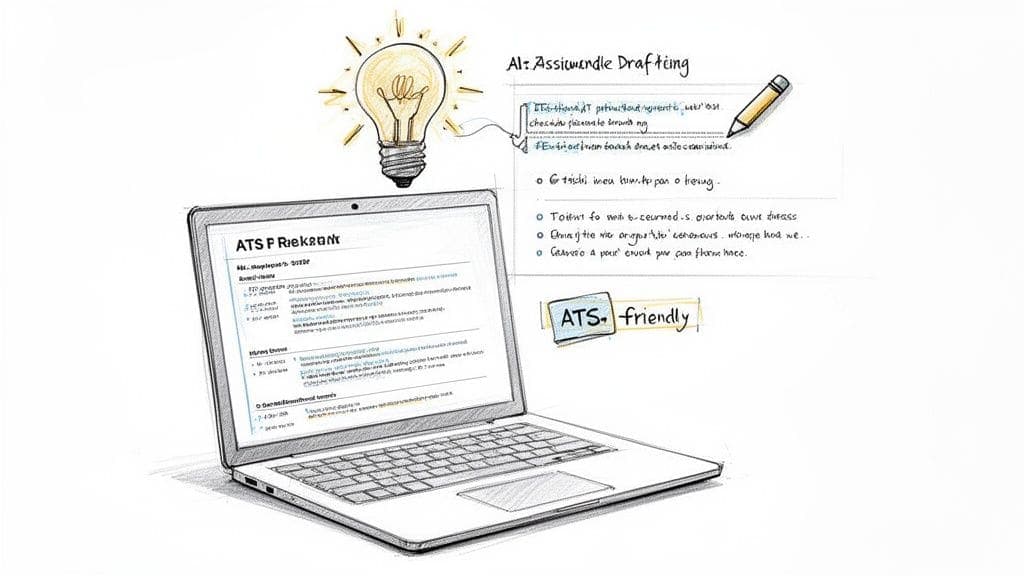 Laptop displaying resume with AI drafting assistance and ATS-friendly label symbolizing smart document creation